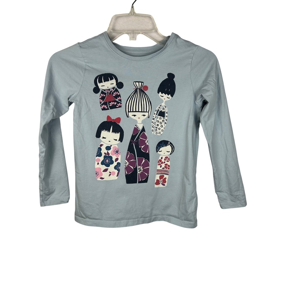 Tea Collection Graphic Tee Kids Size 8 Light Blue Kokeshi Doll Long Sleeve Shirt